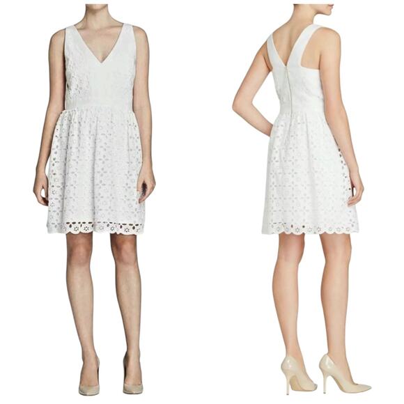 Laundry White V-Neck Low Back Eyelet Fit & Flare Knee Length Dress Size 4 - Picture 1 of 8